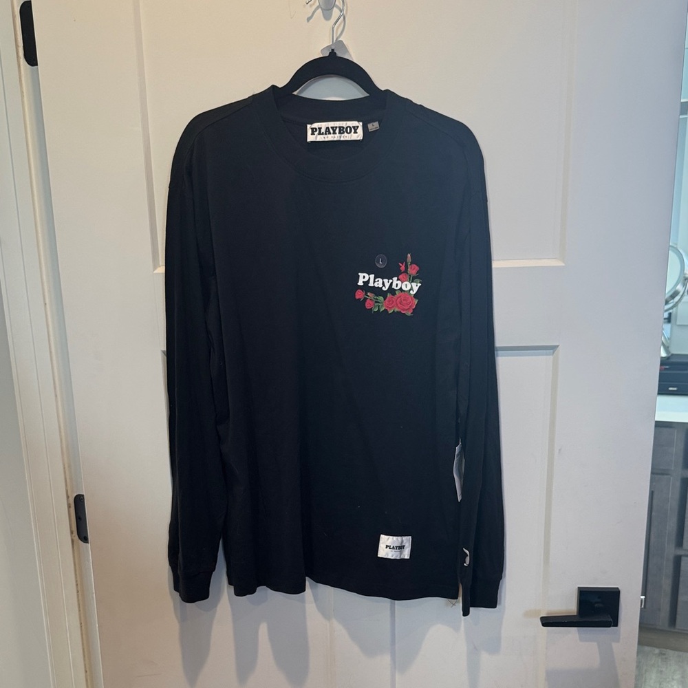 NWT PLAYBOY Black “Some Bunny Loves You” Long Sleeve Tee with Red Rose Design